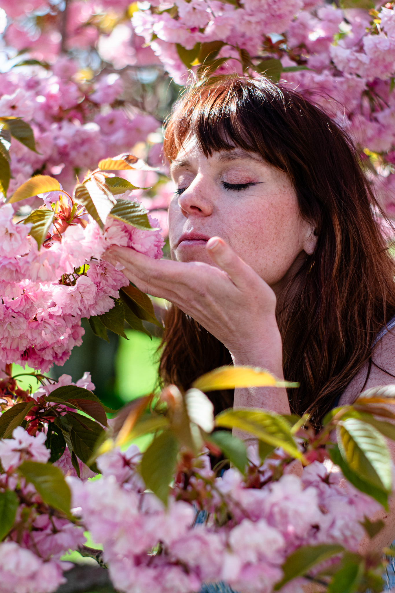 Girl smelling a bundle of cherry blossoms