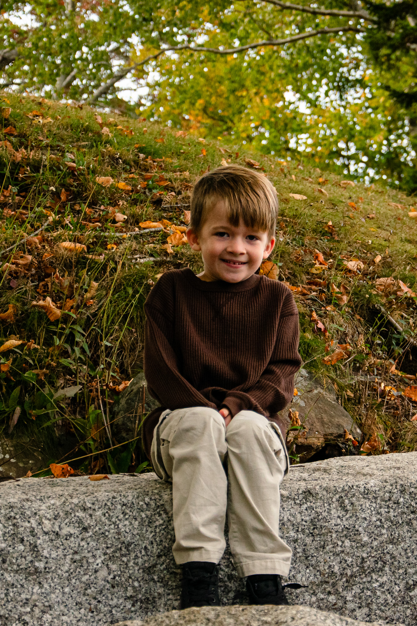 A smiling young boy wearing a brown sweater and beige pants sits on a stone near a grassy area with autumn leaves.