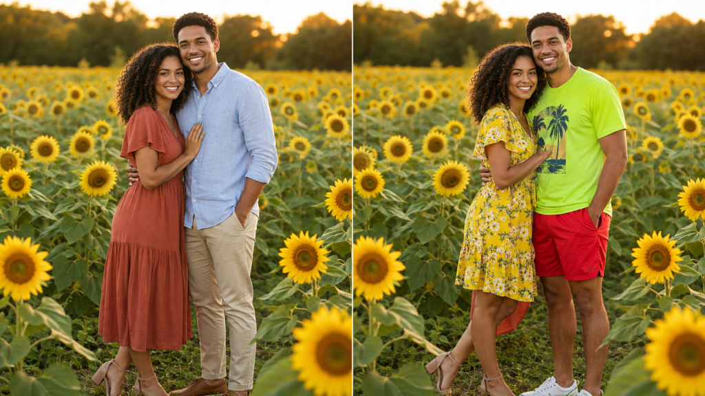 A couple posing together in a sunflower field. On the left, the woman wears a rust-colored dress and the man wears a light blue shirt. On the right, the woman wears a yellow floral dress and the man sports a bright green t-shirt with palm trees, complemented by red shorts.