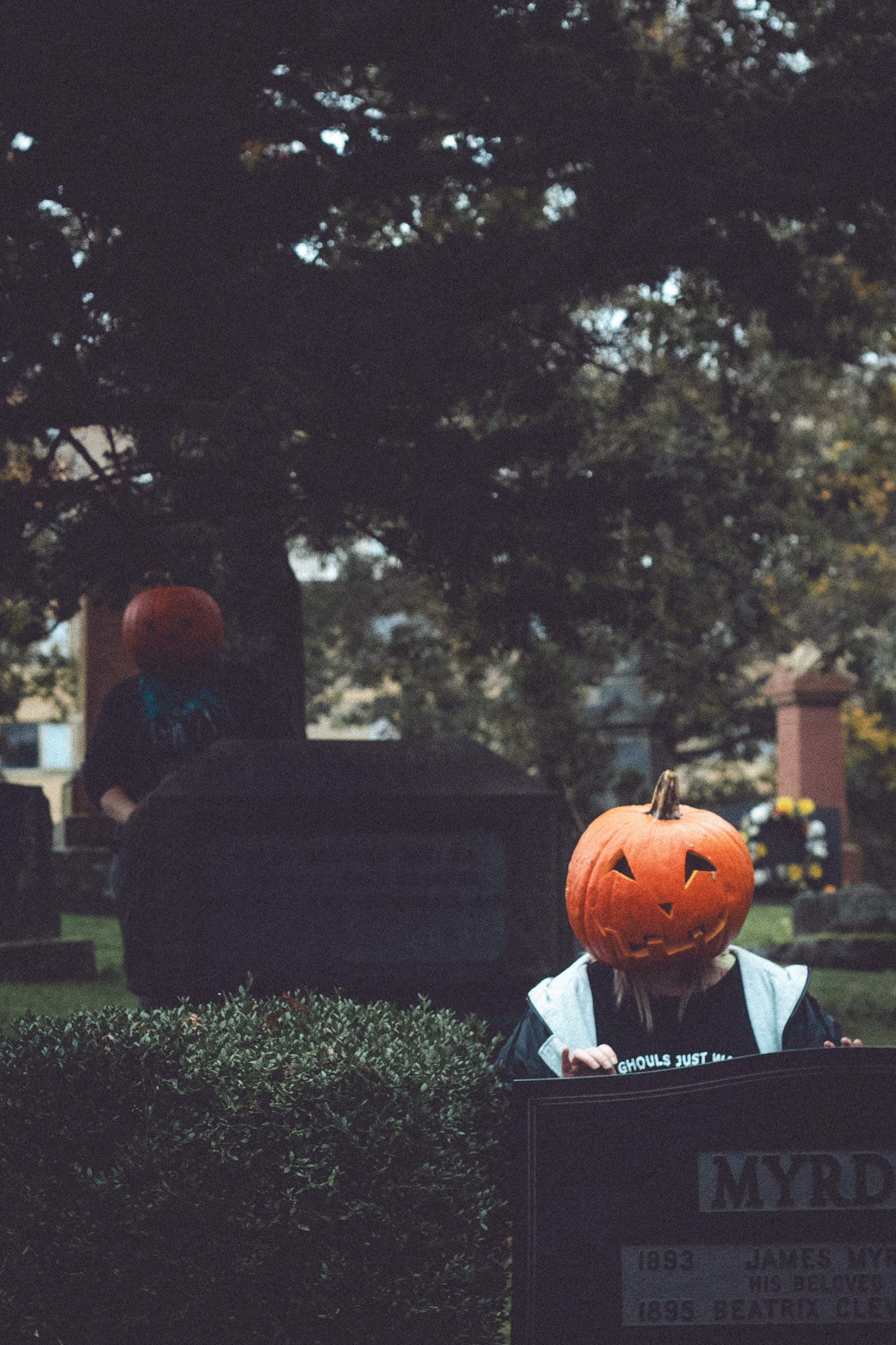 Two individuals wearing pumpkin heads in a cemetery, with gravestones and greenery in the background.